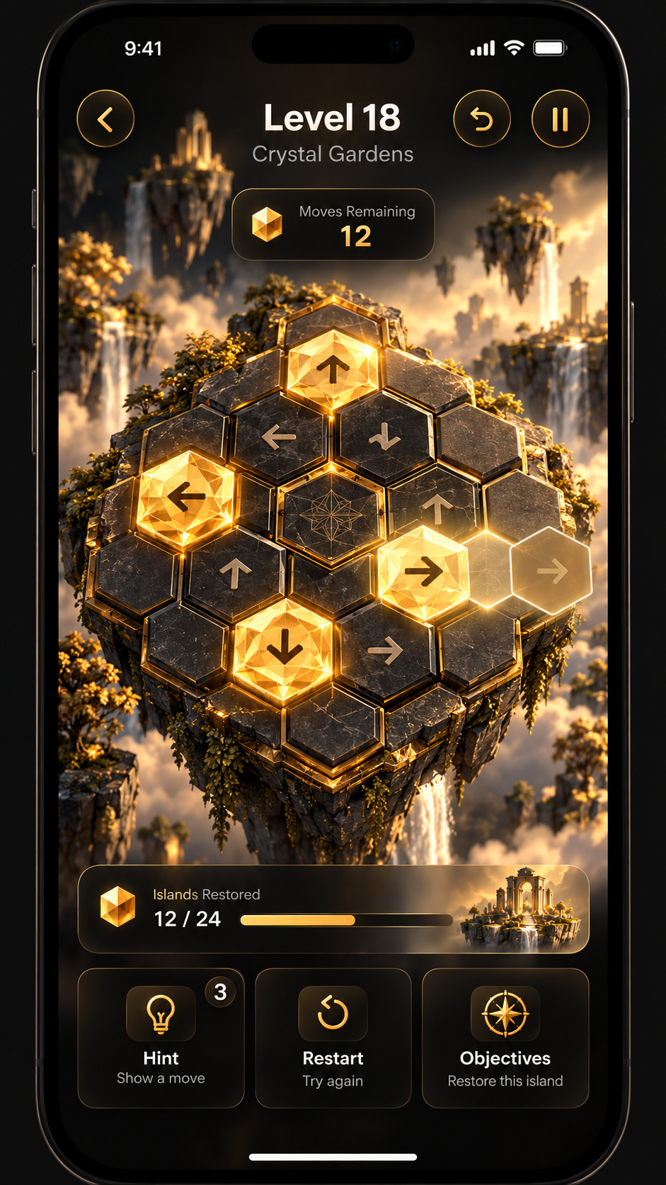 Hexa Crystal Gardens mobile gameplay concept, featuring glowing gold hexagonal puzzle tiles