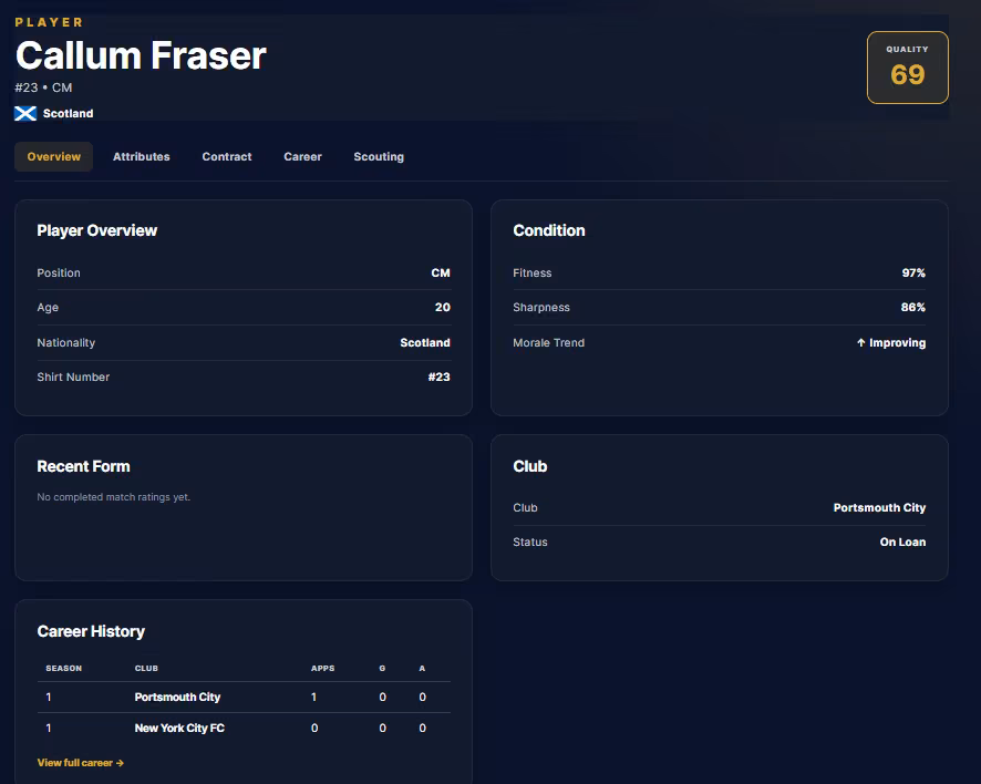 Legacy Eleven development screenshot showing a player profile